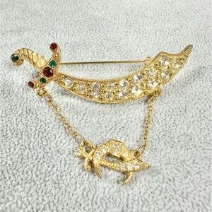 Vintage Signed ORA Gold Tone Rhinestone Sword And Dagger Crescent Moon Brooch